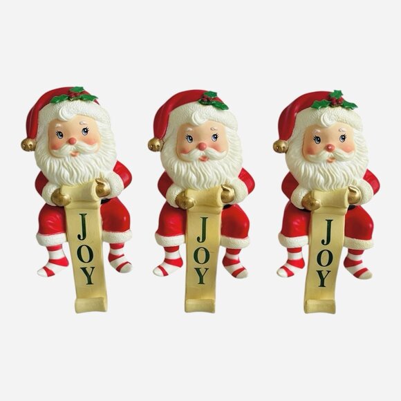 3x Russ Berrie Santa Claus JOY Christmas Stocking Holder Hanger Mantle Vintage - Picture 2 of 7